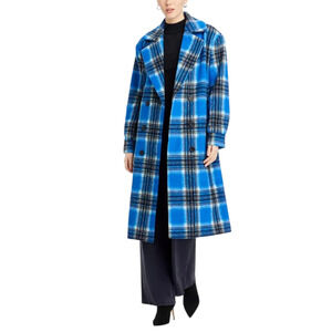 Aqua Outerwear Womens Coat Size Small Blue Plaid Belted Double Breasted Peacoat